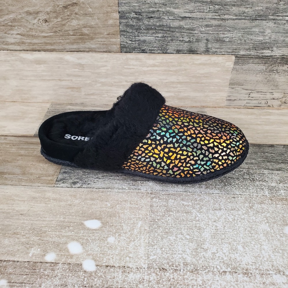Sorel Nakiska Slide II Kids Slippers Sz 3 Black Sea Salt Faux Fur Lined Sandals